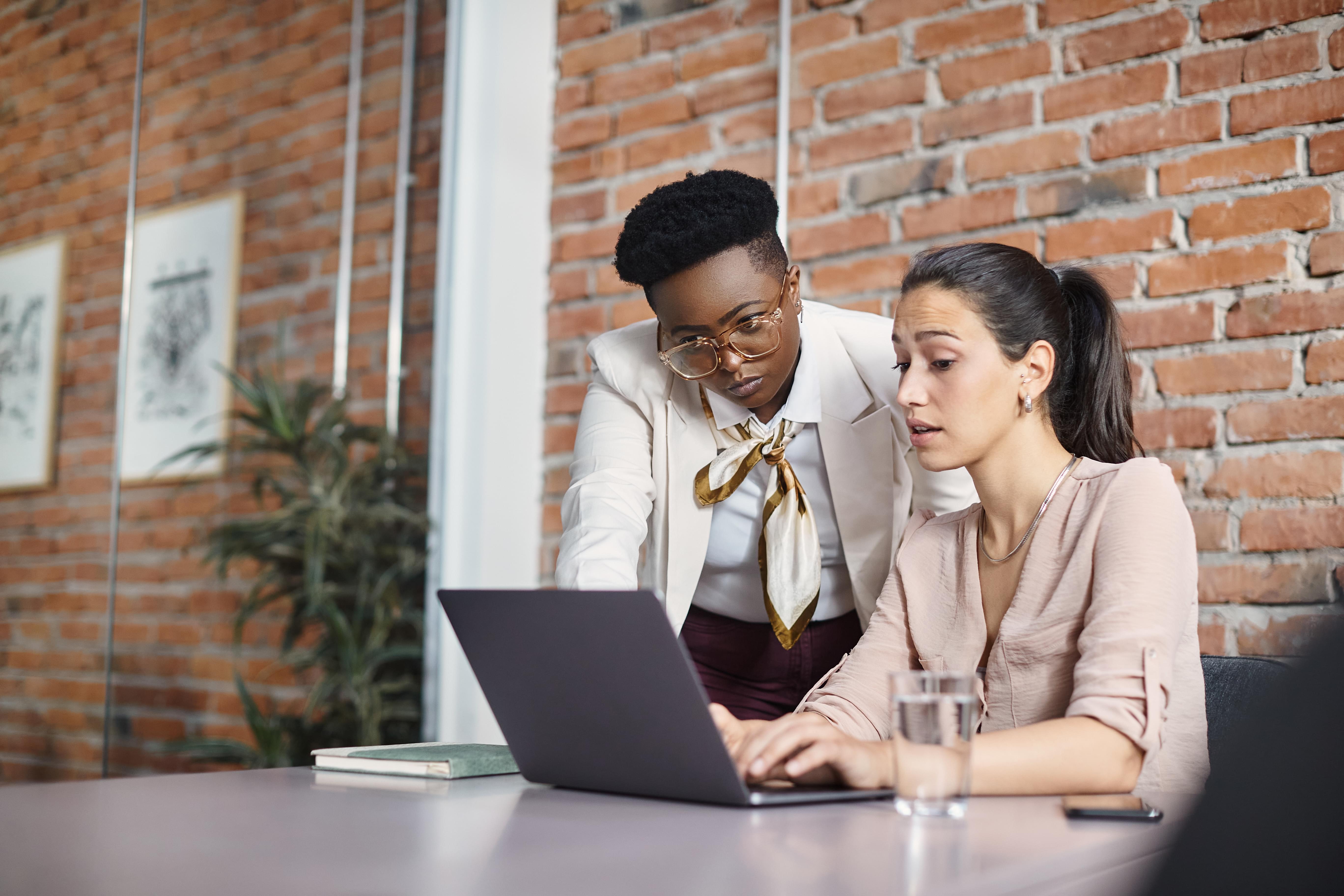 Two women in an office environment with a computer, and doing Career Advising and Mentorship sessions promoted by HR to boost corporate success.